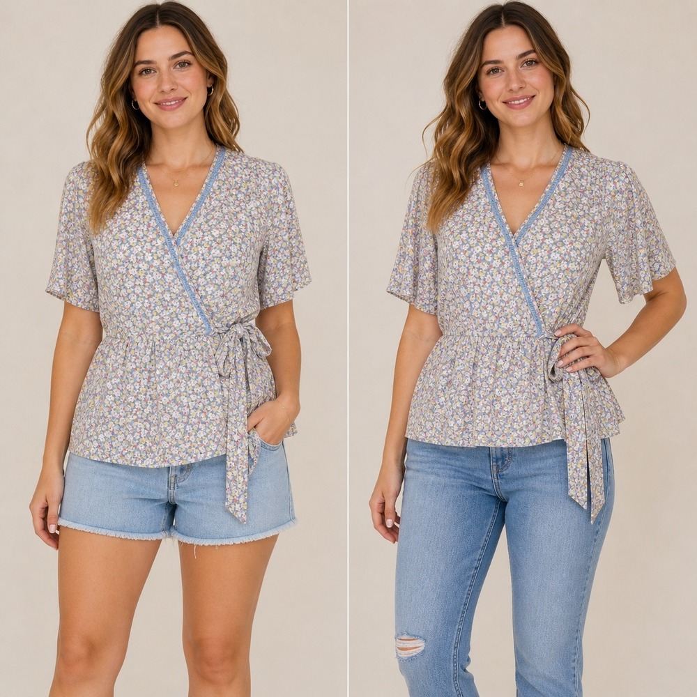 Sienna Sky Floral Wrap Top Womens S Blue Boho Tie Waist Lightweight